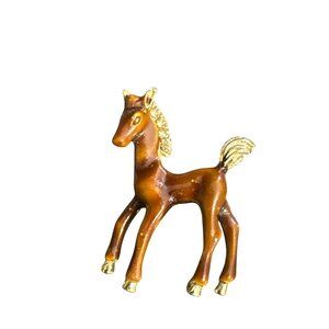 Vintage Brown & Gold Horse Brooch Pin With Enamel Finish